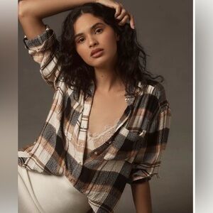 Pilcro Plaid Button-Down Plaid Shirt in Black, Brown, and Cream Overisized XXS